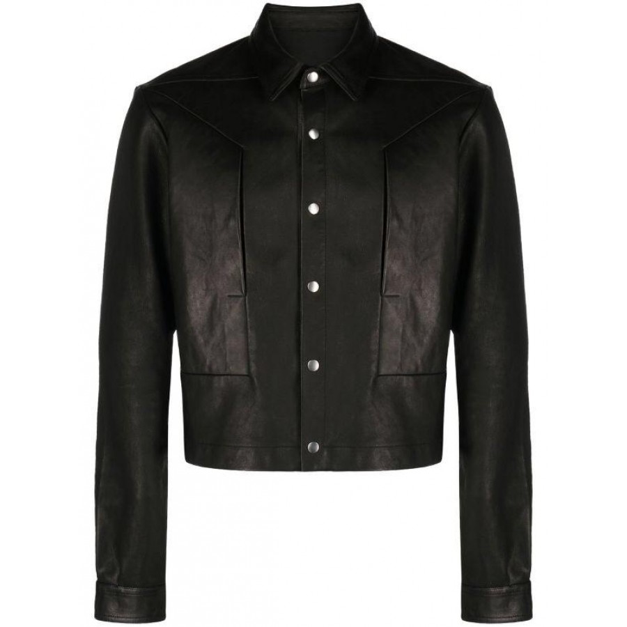 front press-stud fastening leather jacke