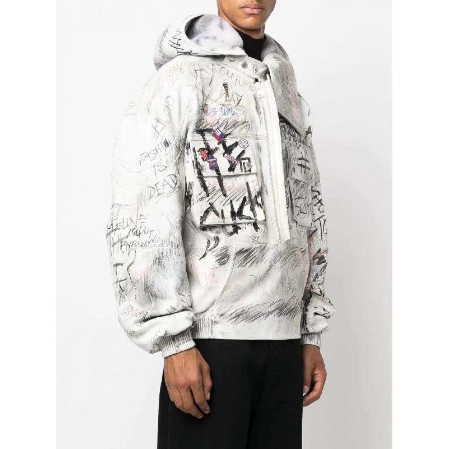 graffiti-print aviator leather jacket