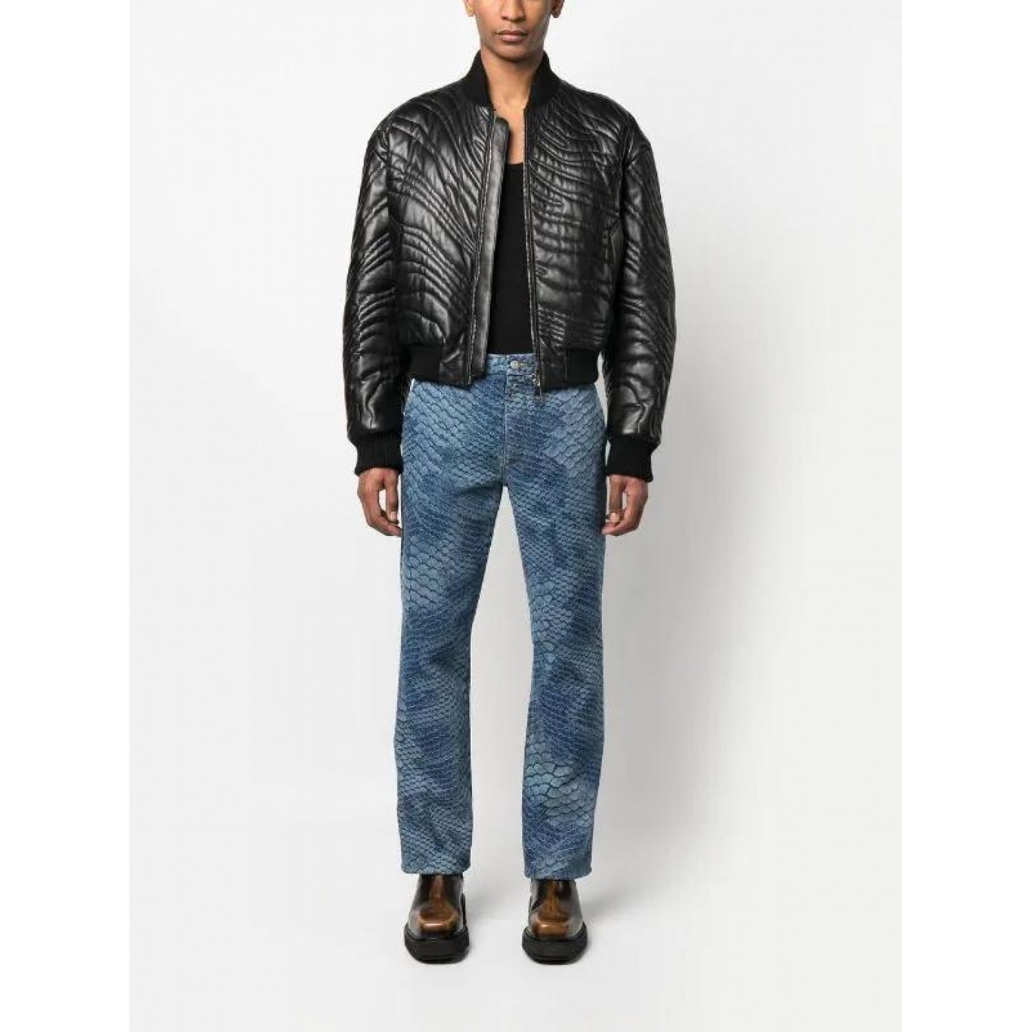 stripe-quilted leather bomber jacket