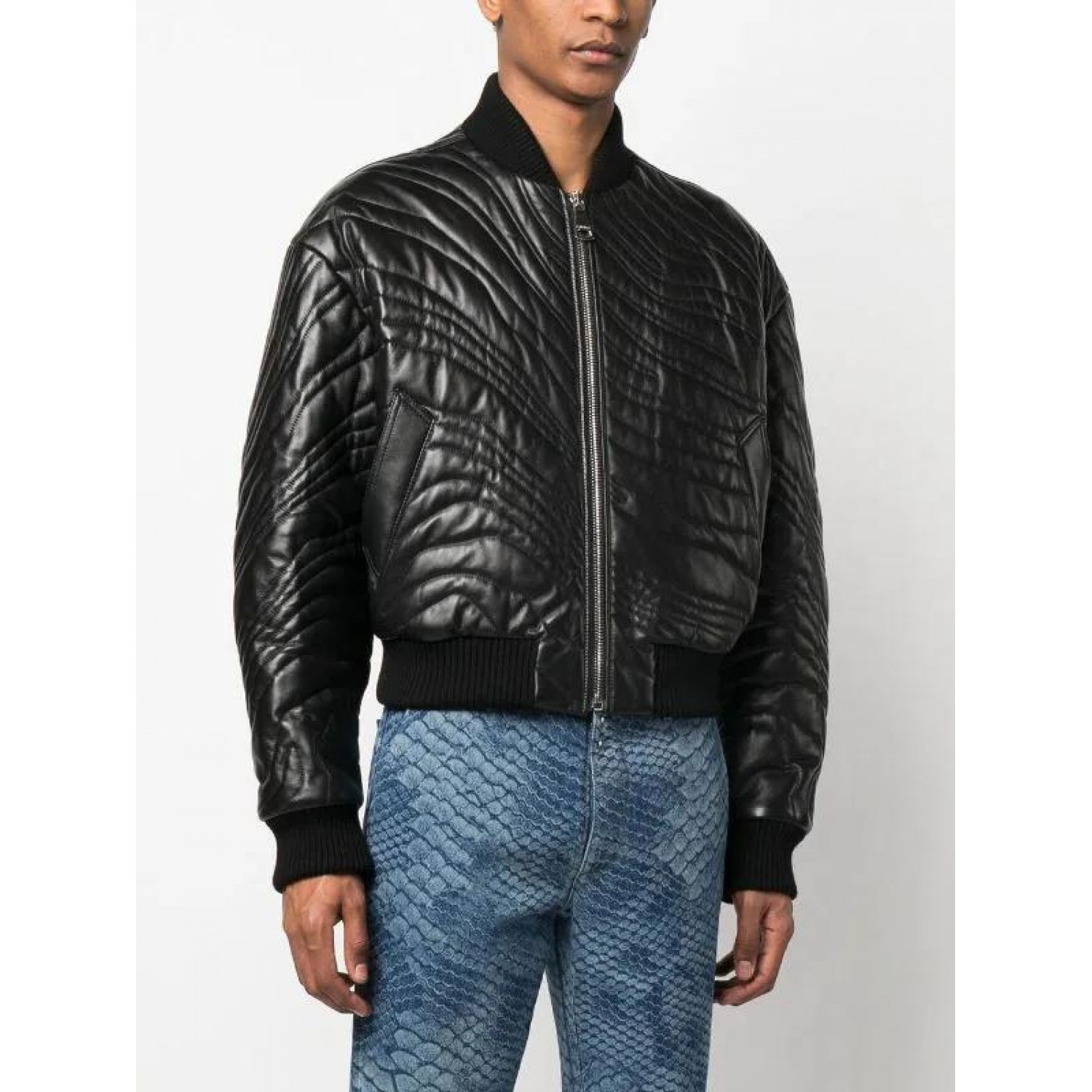 stripe-quilted leather bomber jacket