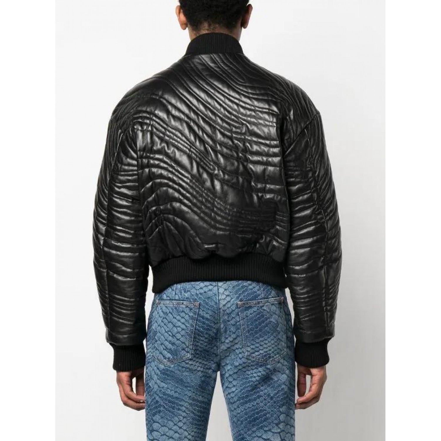 stripe-quilted leather bomber jacket
