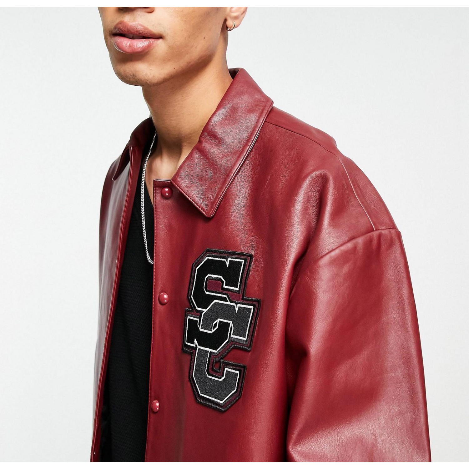 men's oversized real leather varsity harrington jacket in burgundy
