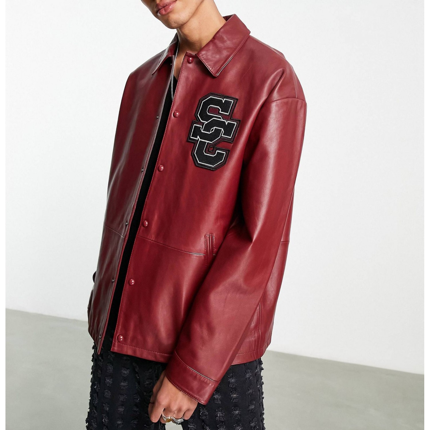 men's oversized real leather varsity harrington jacket in burgundy