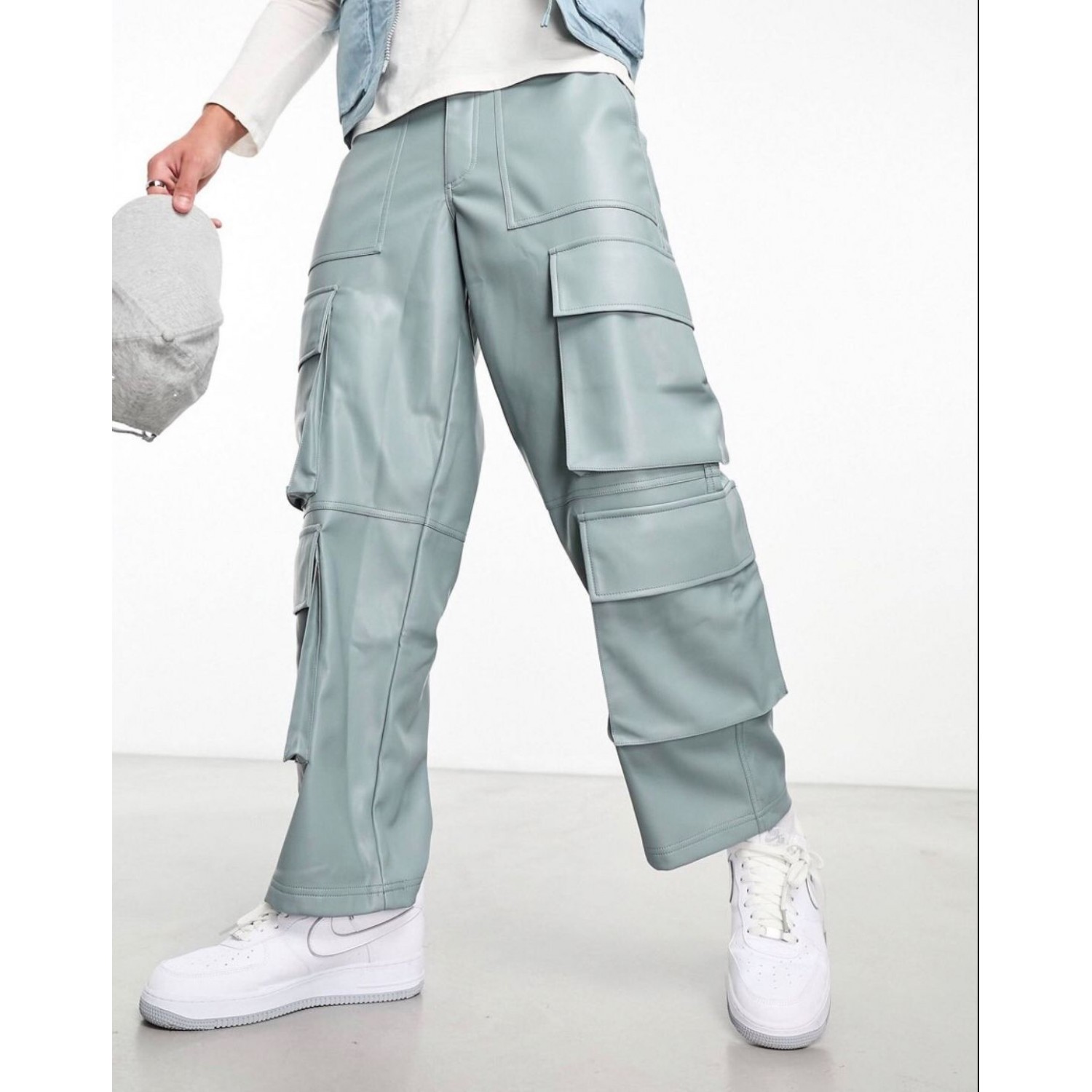  leather look cargo pants in blue