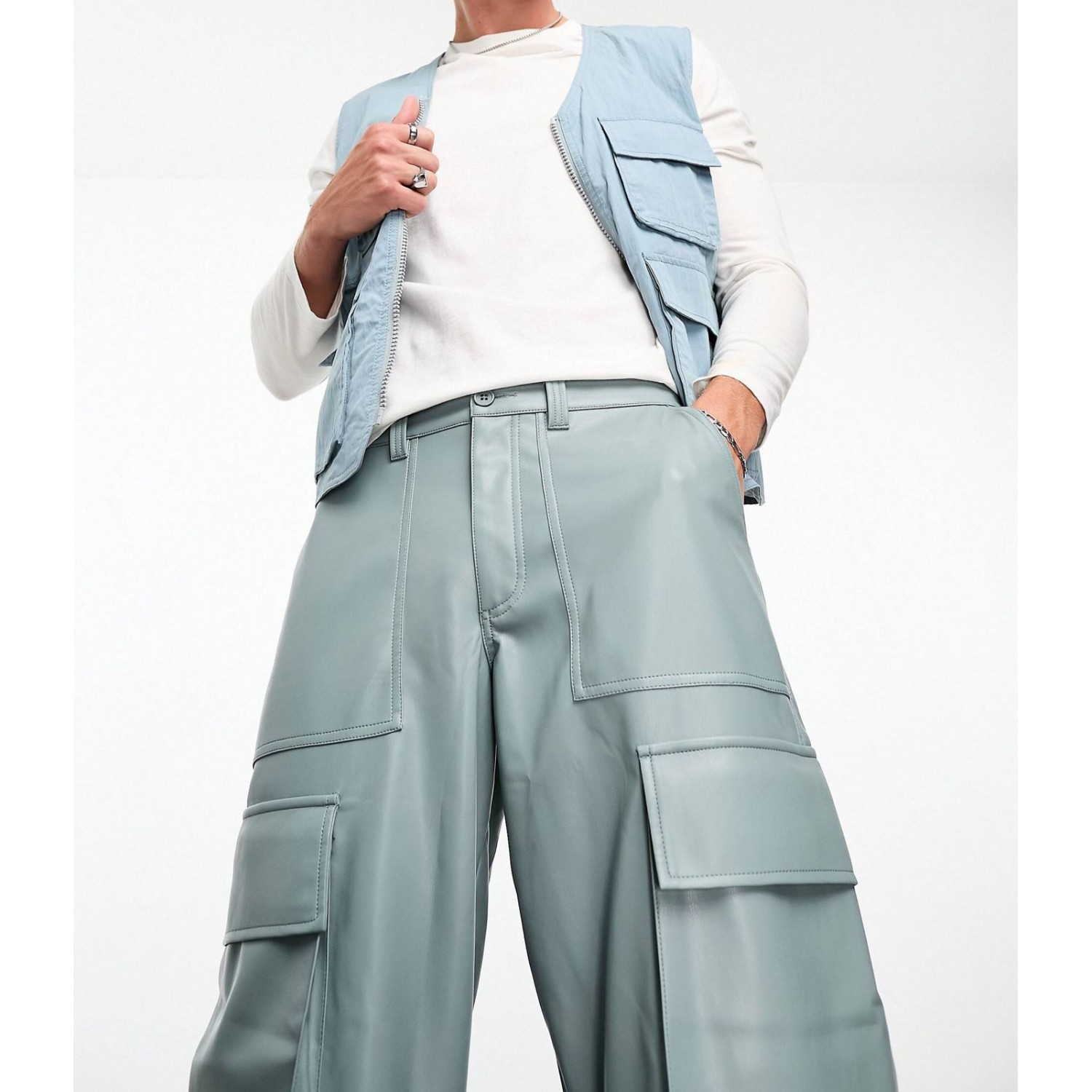  leather look cargo pants in blue