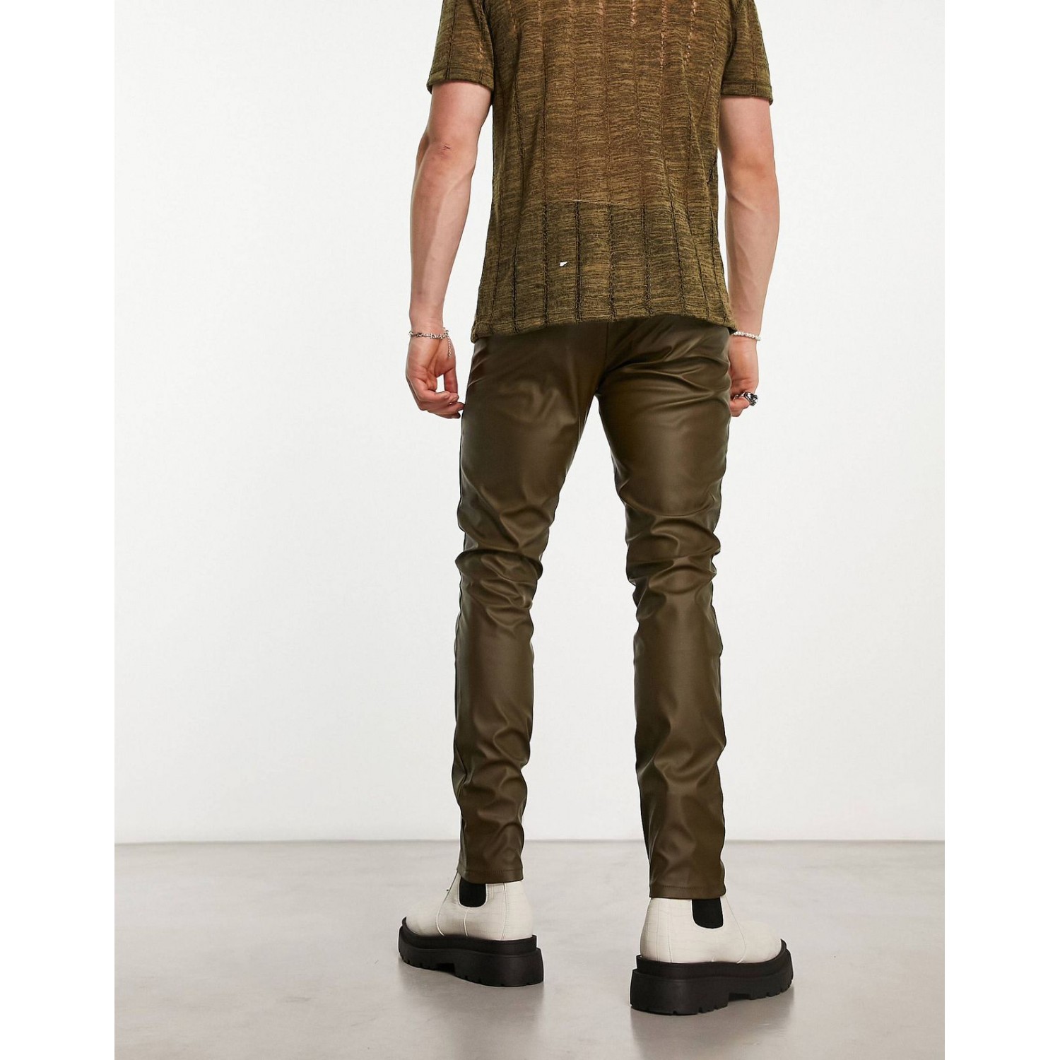 leather look skinny trousers in khaki
