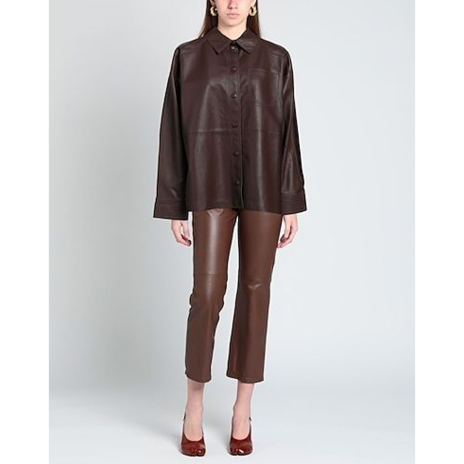 dark brown Solid color shirt in leather